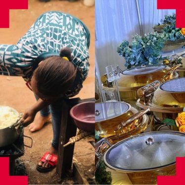 An image cut in half with the left showing a woman cooking outdoors in Nigeria and on the right plates and dishes for the catering of a dinner party. 