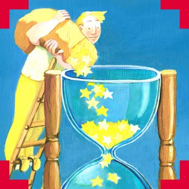 An illustration of a man pouring stars into an hourglass 