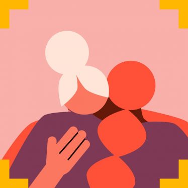 An illustration showing two women hugging each other, drawn in simple one-colour shapes with little detail 