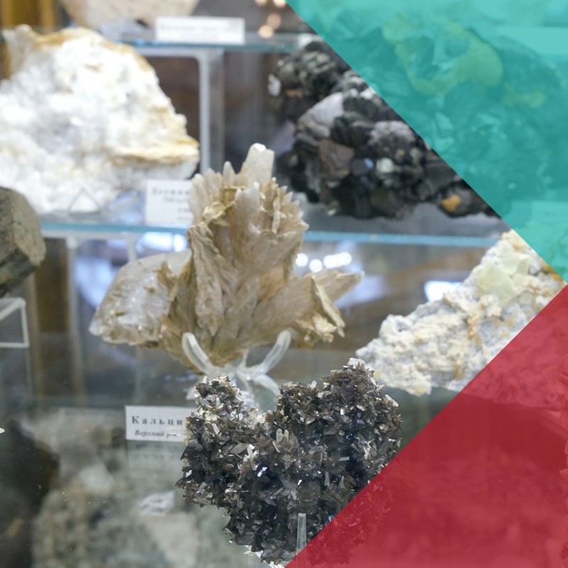 A collection of rocks and minerals in display cases