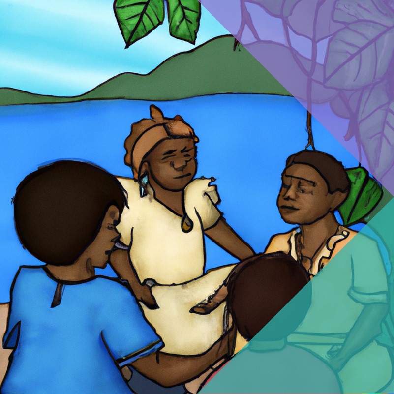 An illustration of four black women sat in a small circle talking to each other in a tropical background