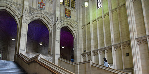 Entry hall and staircase inside Wills Memorial Building