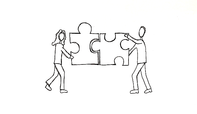 sketch of two people putting jigsaw pieces together