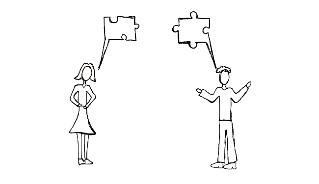 sketch of two people thinking about jigsaw pieces