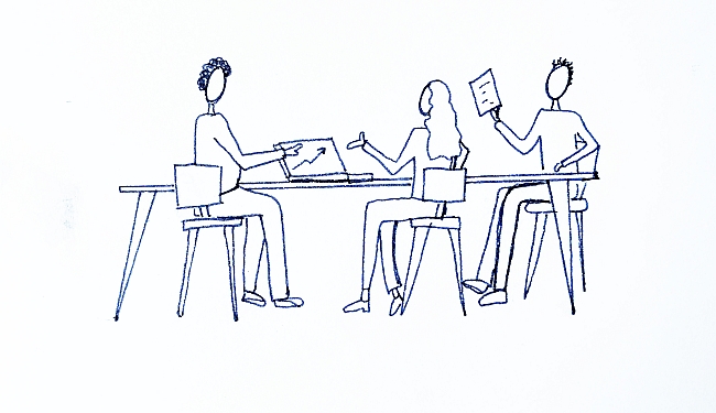 sketch of people talking at table