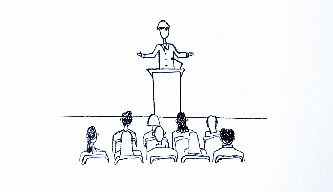 sketch of someone speaking to a crowd