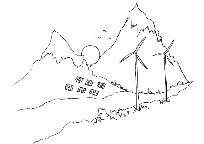 sketch of mountains and wind farm