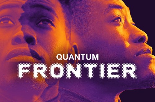 Two superimposed images of a man's face overlaid with the words Quantum Frontier