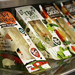 Close up image of pre-packed sandwich on cafe shelf