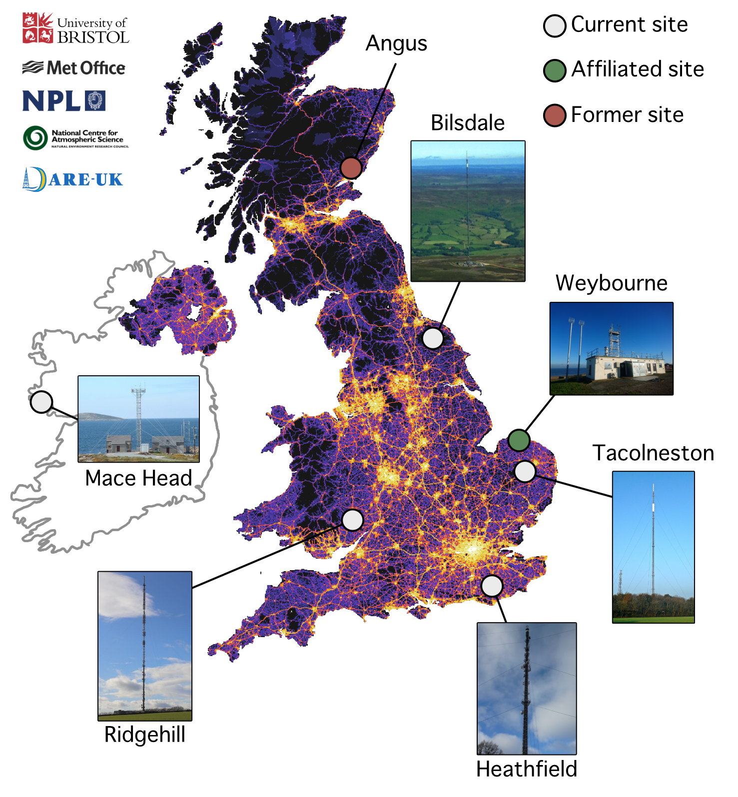 Map of the UK DECC greenhouse gas network.
