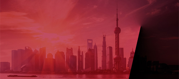 An image of the Shanghai skyline with a transparent red and black design fade overlay.