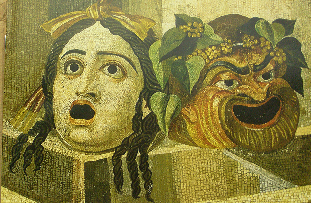 Tragedy and comedy theatre masks on a Roman mosaic-credit Route66-Shutterstock-ID 40637740