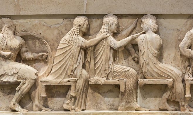 Detail from ancient Greek temple frieze in Delhpi-credit Anastasios71-Shutterstock-ID 248610532