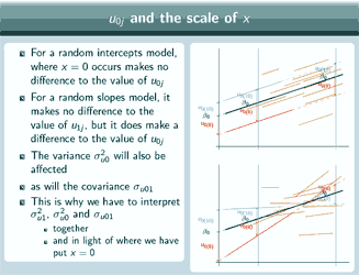 Slide showing graph of a random intercept model with overall regression line and several parallel group lines.