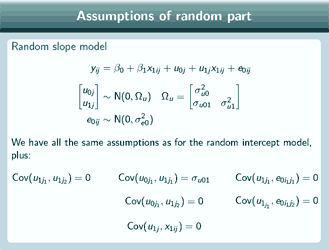 Slide showing in equation form the assumptions of the random part for a random slopes model that are repeated in text below.