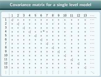 Table of the first 13 rows and columns of the covariance matrix with terms described below