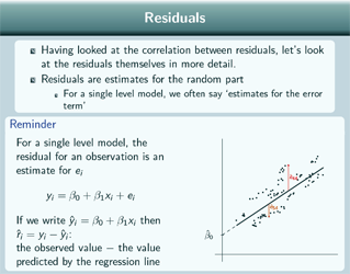 Slide about residuals with the text repeated below but also includes a graph showing a single level regression model and identifying 2 residuals.