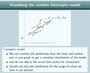 Slide talking about visualising a random intercept model with a plot of both a single level regression line and lines for each group superimposed on the set of data