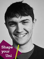 A person smiling on a Shape Your Uni icon background