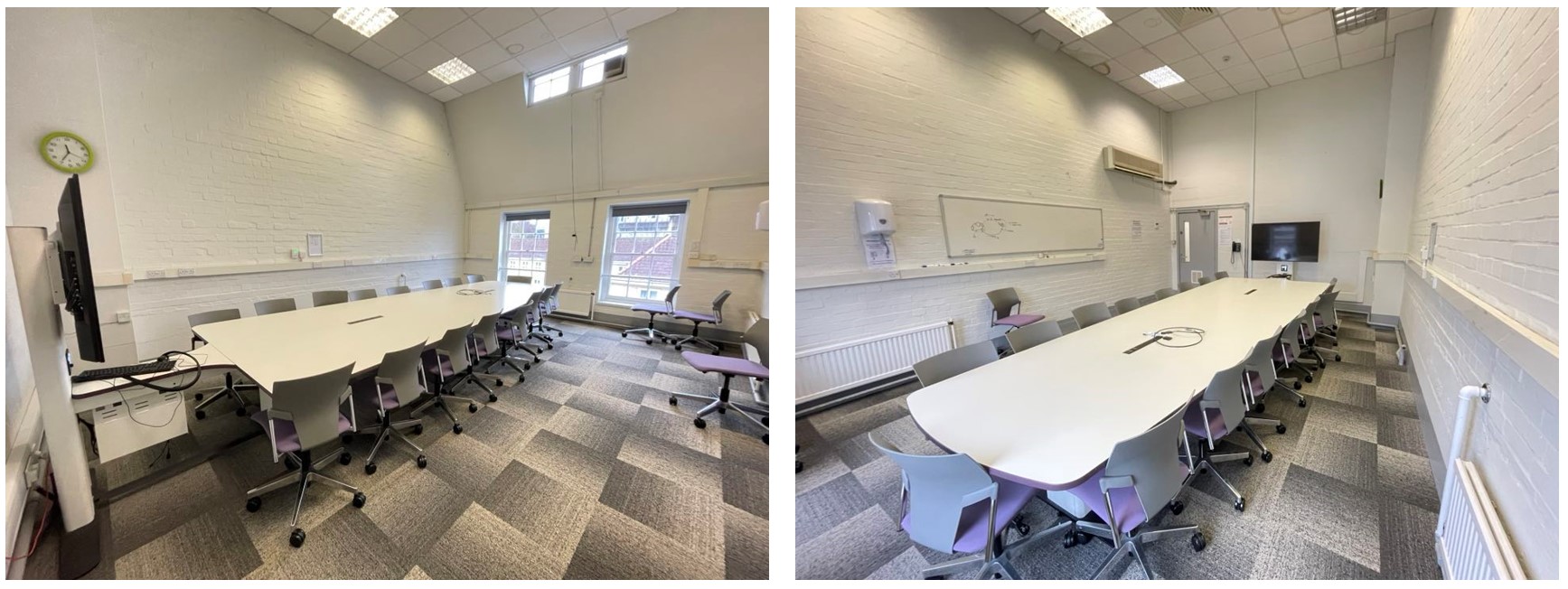 Chairs placed around a large collaboration table.