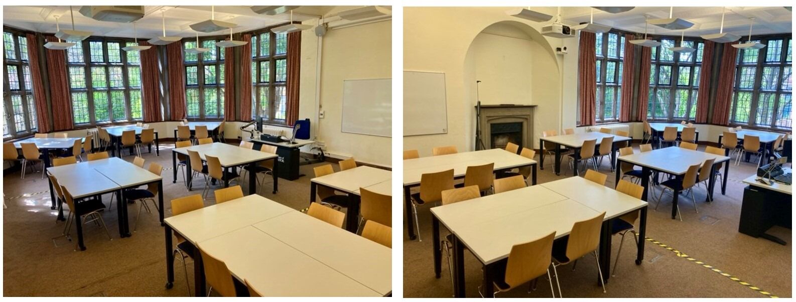 Groups of tables and chairs spaced around the room.