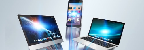 Graphic of laptop, tablet and phone with superimposed blue wi-fi streams