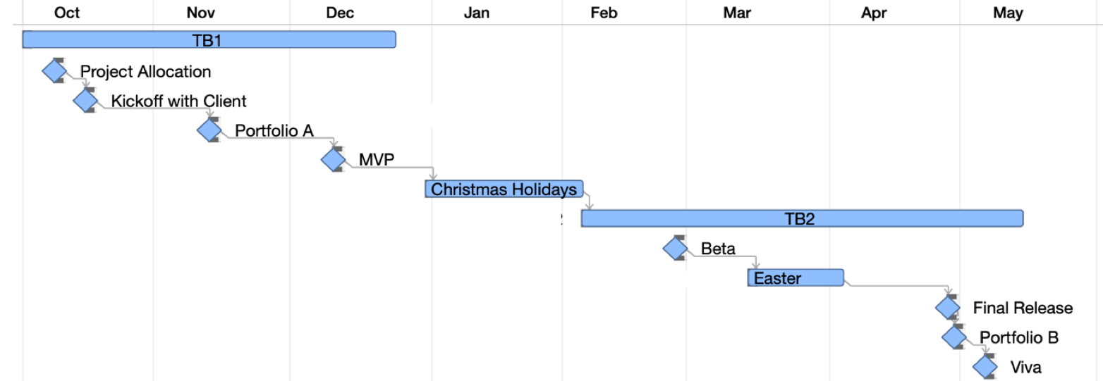 Graphic of project timeline: Early October - project allocation, mid October - kickoff with client, mid November Portfolio A, mid December - MVP, end February - Beta, end April Final Release and Portfolio B, early May - Viva.