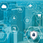 Icons over blue graphic of cityscape with hexagon padlock icon in corner