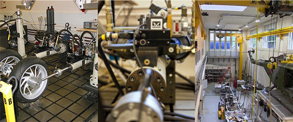 Montage: left: wheels in lab, centre: testing rig, right: lab with helicopter body 