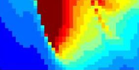 Colourful pixelated image showing seismic performance with red area in centre, blue at edge