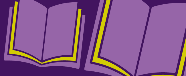 Purple and yellow books graphic
