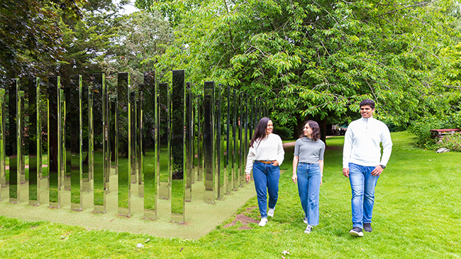Multiple tall, narrow mirrors in a grid pattern with space between for people to walk in and around them, standing on a lawn with trees behind them. Next to the mirrors are three people walking and smiling at each other.