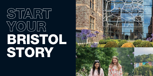 Cover of the International Guide: the words 'Start your Bristol story' with images of the campus and city.