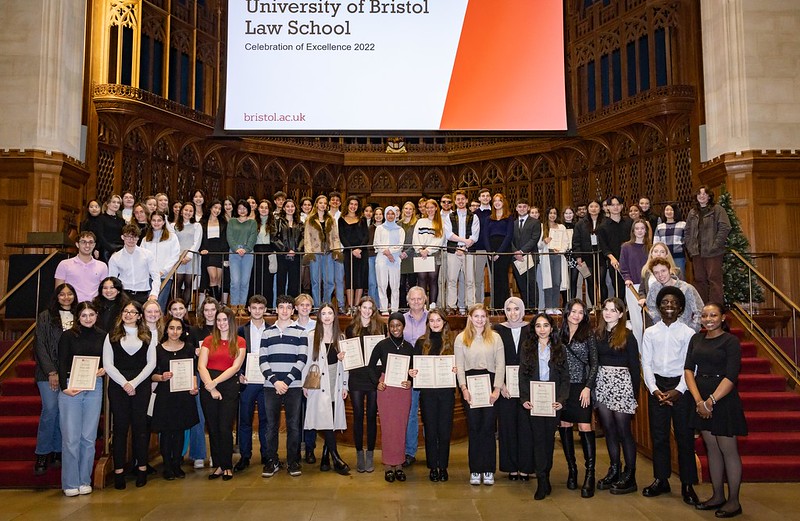A group of law student prize winners at the head of school prize giving ceremony held in the Great Hall, University of Bristol