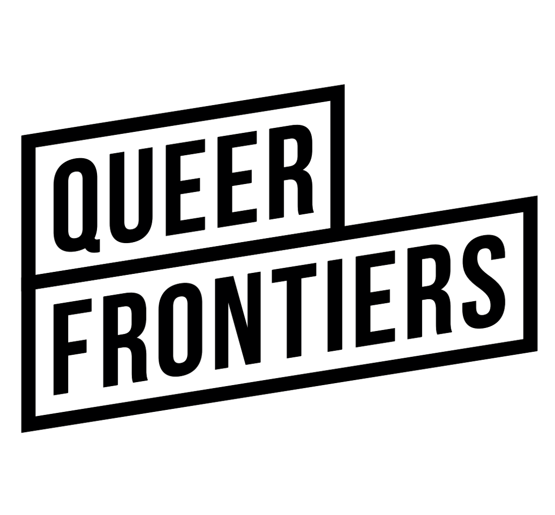 The logo for the GW4 Research Network Queer Frontiers. The logo shows the words 'Queer Frontiers' in bold black text against a white background, slightly slanted, with a border around both words.