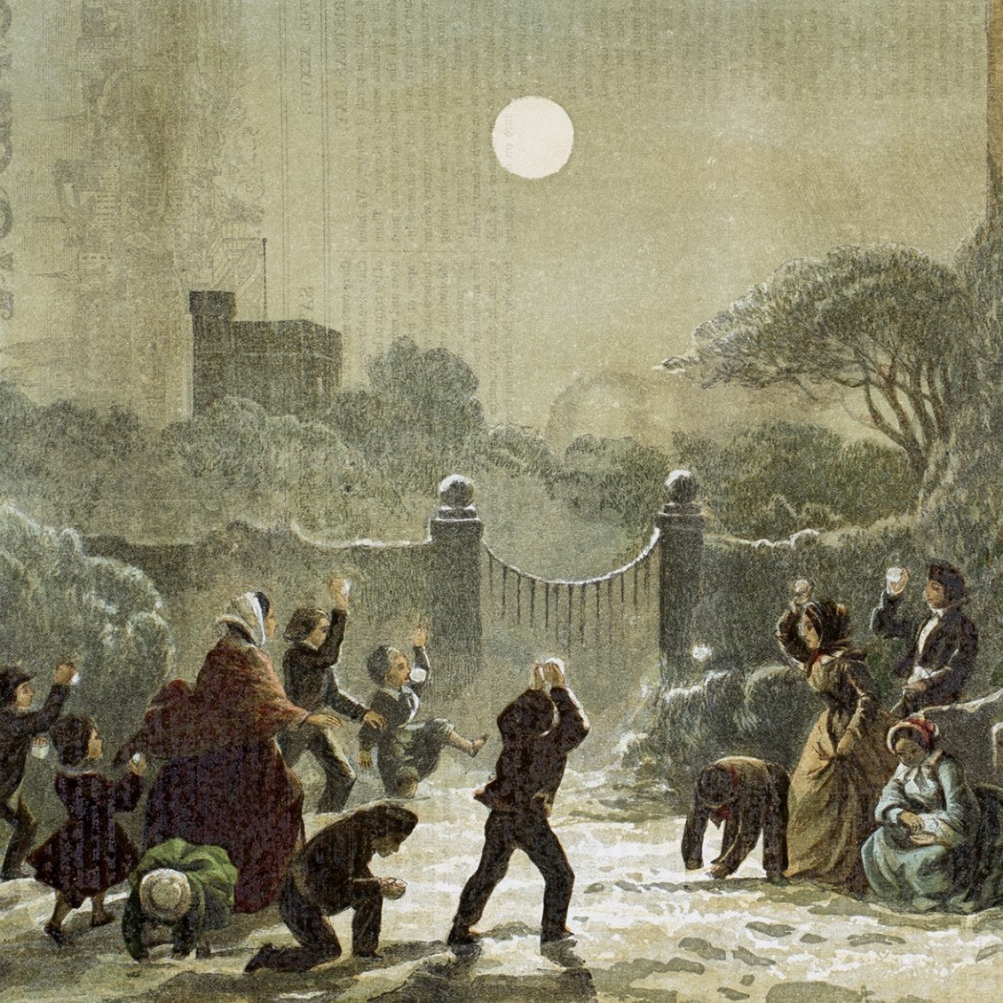 Vintage postcard of people throwing snowballs under a full moon