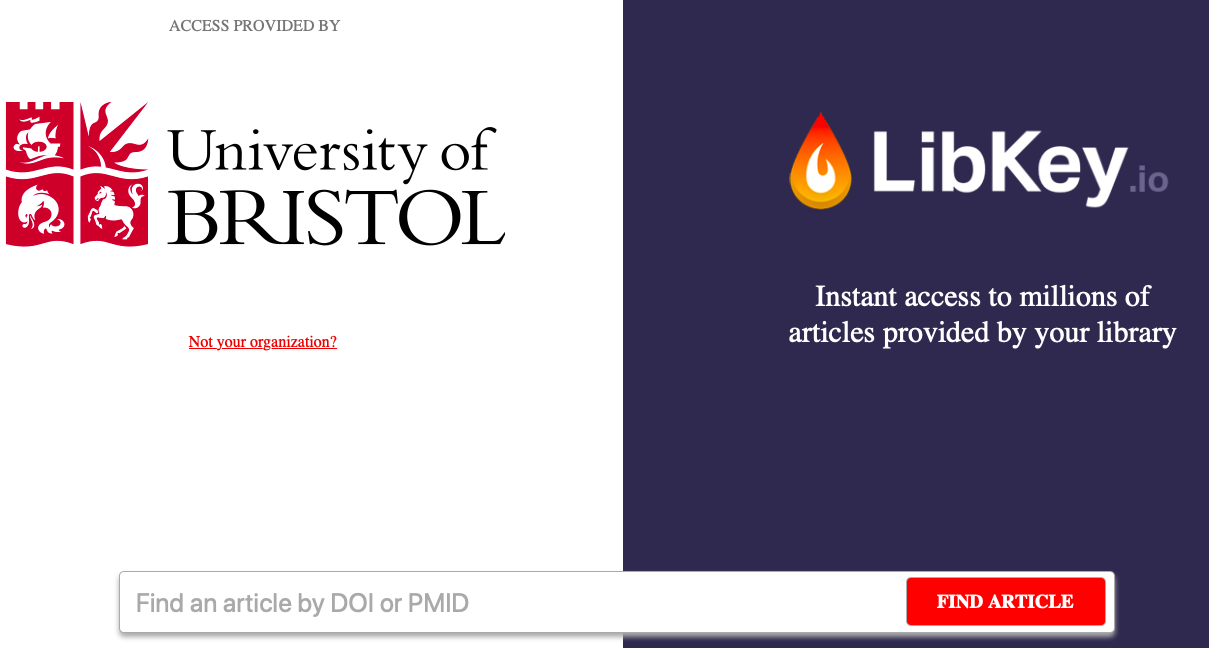 Shows the landing page for LibKey.io. On the left side is the University of Bristol name and logo. On the left is a red flame symbol and 'LibKey.io'. At the bottom is a search bar "Find Article by DOI or PMID"