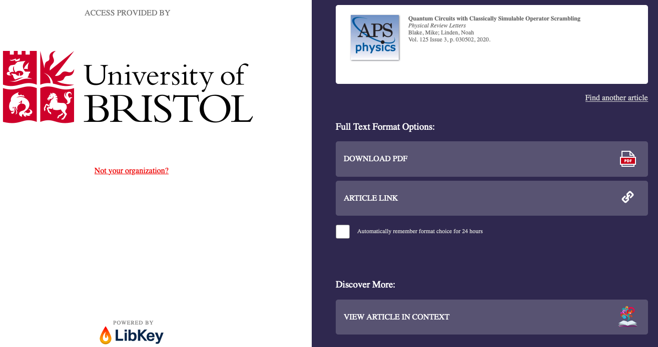 Shows a page for LibKey.io. On the left side is the University of Bristol name and logo and red flame symbol and 'LibKey.io'. On the right hand side are options including "Download PDF" and "article Link"