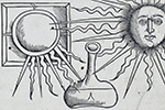 Illustration of sun and scientific instruments.