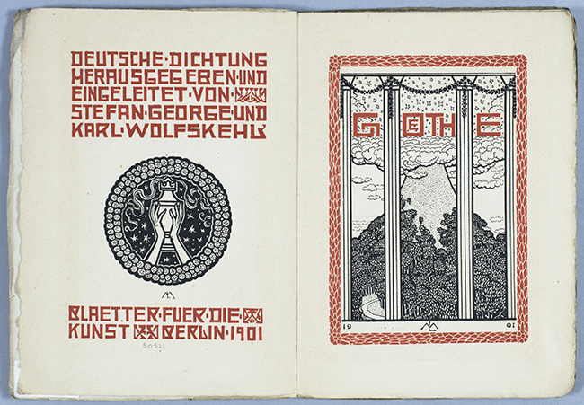 Book open to show title, publication details and symbol of hands holding aloft a cup on one page and an illustration of a view through a window of trees and a mountain on the other page, all printed in black and red ink in an art nouveau style. 