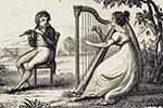 Woman playing harp and man playing flute