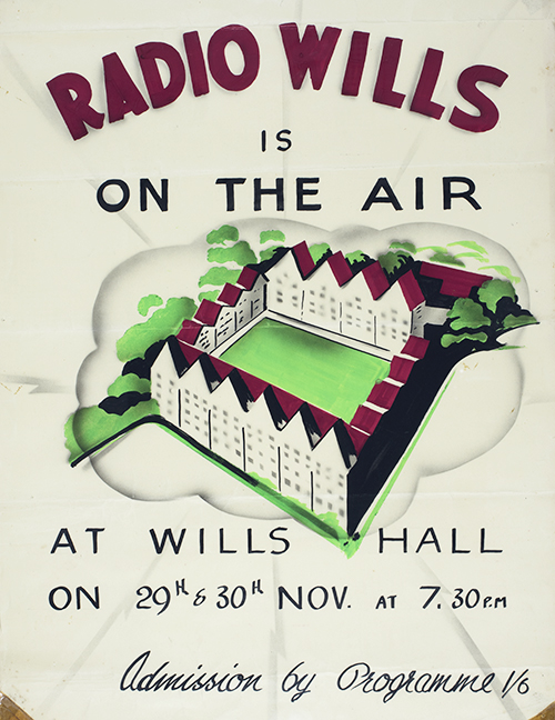Poster showing buildings in a quadrangle and saying Radio Wills is on the air.