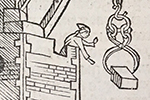 Detail of a drawing showing a stone being lifted onto a tower.