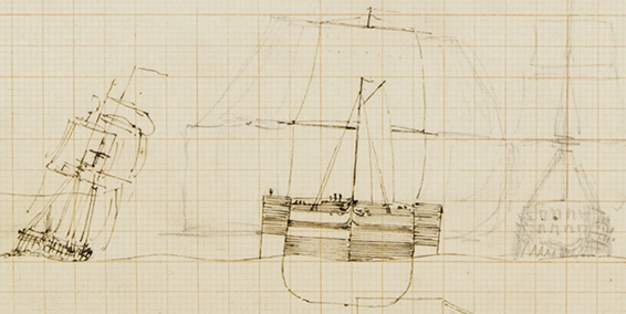 Sketch showing three views of a ship (The Great Eastern).