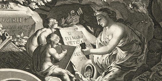 A greyscale painting. Two cherubs, one writing on a slate, watching a woman hold a candle up to a a slate with writing on it.