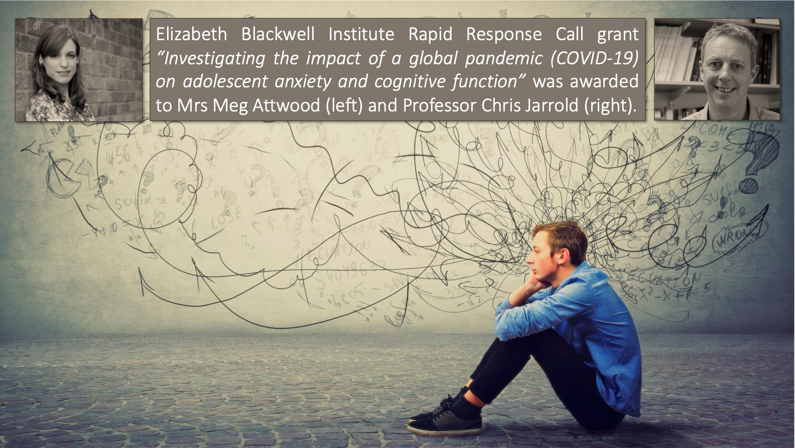 An Elizabeth Blackwell Institute Rapid Response call grant, "Investigating the impact of a global pandemic (COVID-19) on adolescent anxiety and cognitive function" was awarded to Meg Attwood and Chris Jarrold (both pictured next to a young person surrounded by imagined swirls)