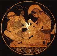Detail from a drinking cup showing Achilles tending the wounds of Patroclus