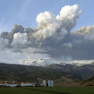 A plume of volcanic ash rises into the atmosphere from a crater under the Eyjafjallajokull glacier in southern Iceland