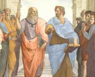 Plato (left) and Aristotle, depicted in detail from 'The School of Athens' (c.1511), a fresco by Raffaello Sanzio