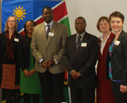 Lead delegates, cont (l-r): Professor Judith Squires, Dean of Social Sciences and Law; Mrs Morina Muuondjo, First Secretary Namibia; Mr Charles M Kabajani, Under-Secretary Namibia; HE Mr George M Liswaniso, High Commissioner Namibia; Valerie Davey, Executive Chair CEC; Terra Sprague